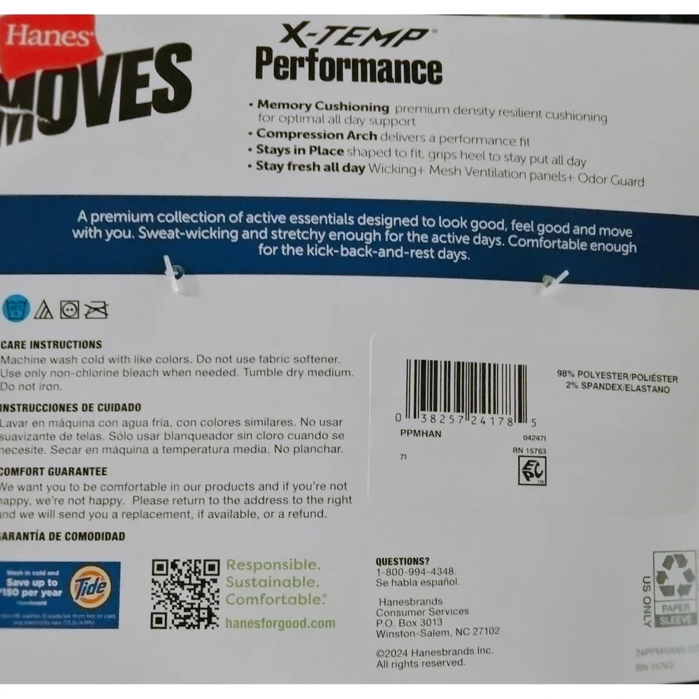 Hanes Moves Premium Ankle Socks 6 Pairs‎ Mens X-Temp Performance White/Gray